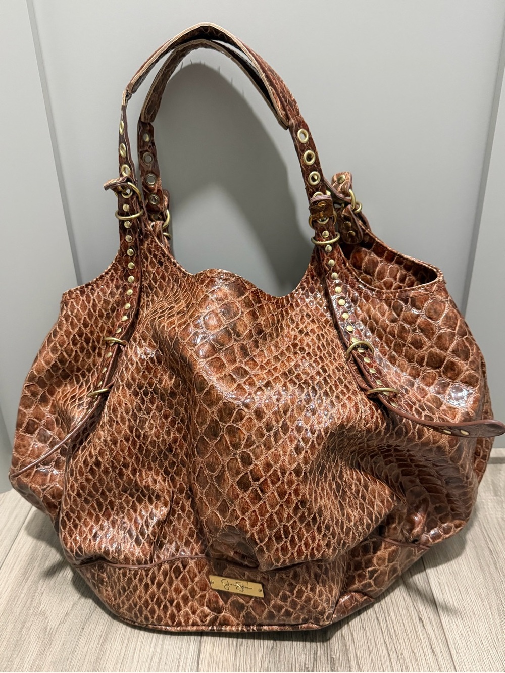 Jessica Simpson Cognac Croc-Embossed Shoulder Bag